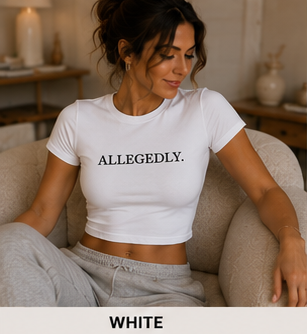 ALLEGEDLY. — Crewneck Cropped Baby Tee in White